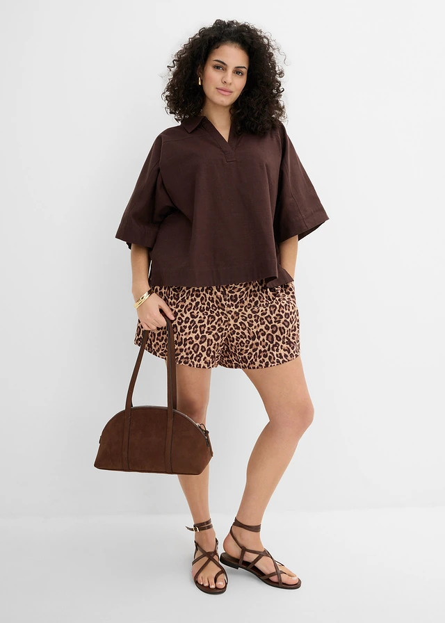 Short en viscose fluide, Couleur: marron foncé léopard