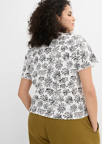 T-shirt court en coton mélangé, Couleur: blanc-noir floral