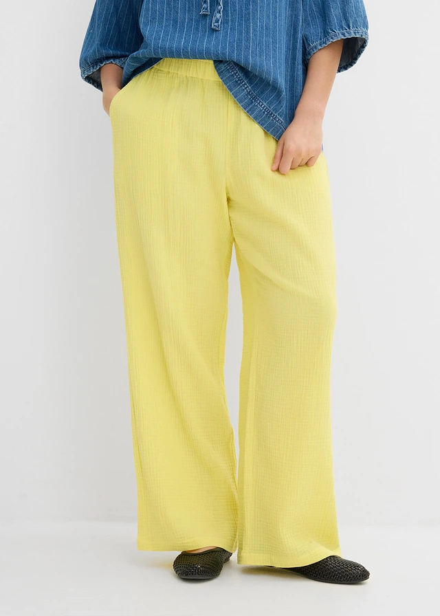 Pantalon en gaze de coton à taille élastiquée, Couleur: citron pastel délavé