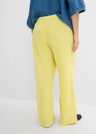 Spodnie z gumką w talii z muślinu, kolor: jasna limonka z efektem sprania