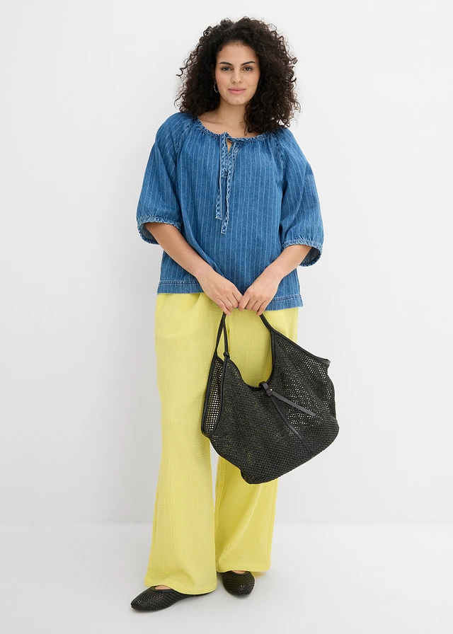 Pantalon en gaze de coton à taille élastiquée, Couleur: citron pastel délavé