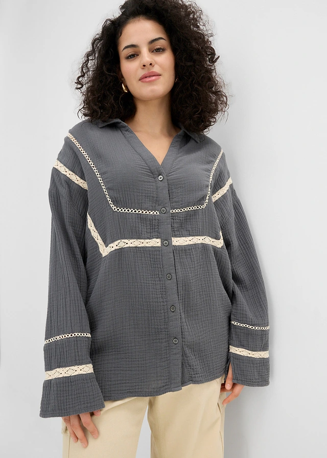 Mousseline blouse met kanten inzetstukken, Kleur: antraciet washed