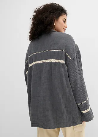 Mousseline blouse met kanten inzetstukken, Kleur: antraciet washed