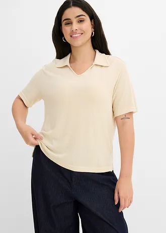 Triko polo se vzhledem pleteniny, barva: světle písková