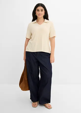 Poloshirt in gebreide look, Kleur: lichtsand