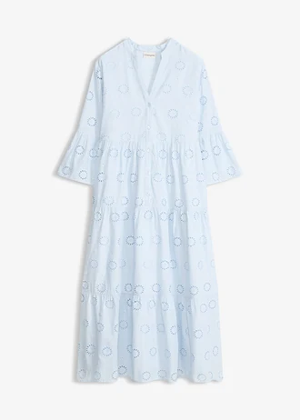 Midi šaty z čisté bavlny s dírkovanou výšivkou, barva: pudrově modrá