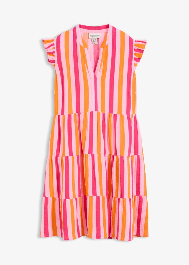 Robe-tunique légère en gaze de coton, Couleur: rose/pink lady/orange vif rayé verticalement