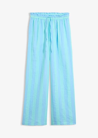 Broek van luchtige mousseline, Kleur: poederblauw-aquablauw verticaal gestreept