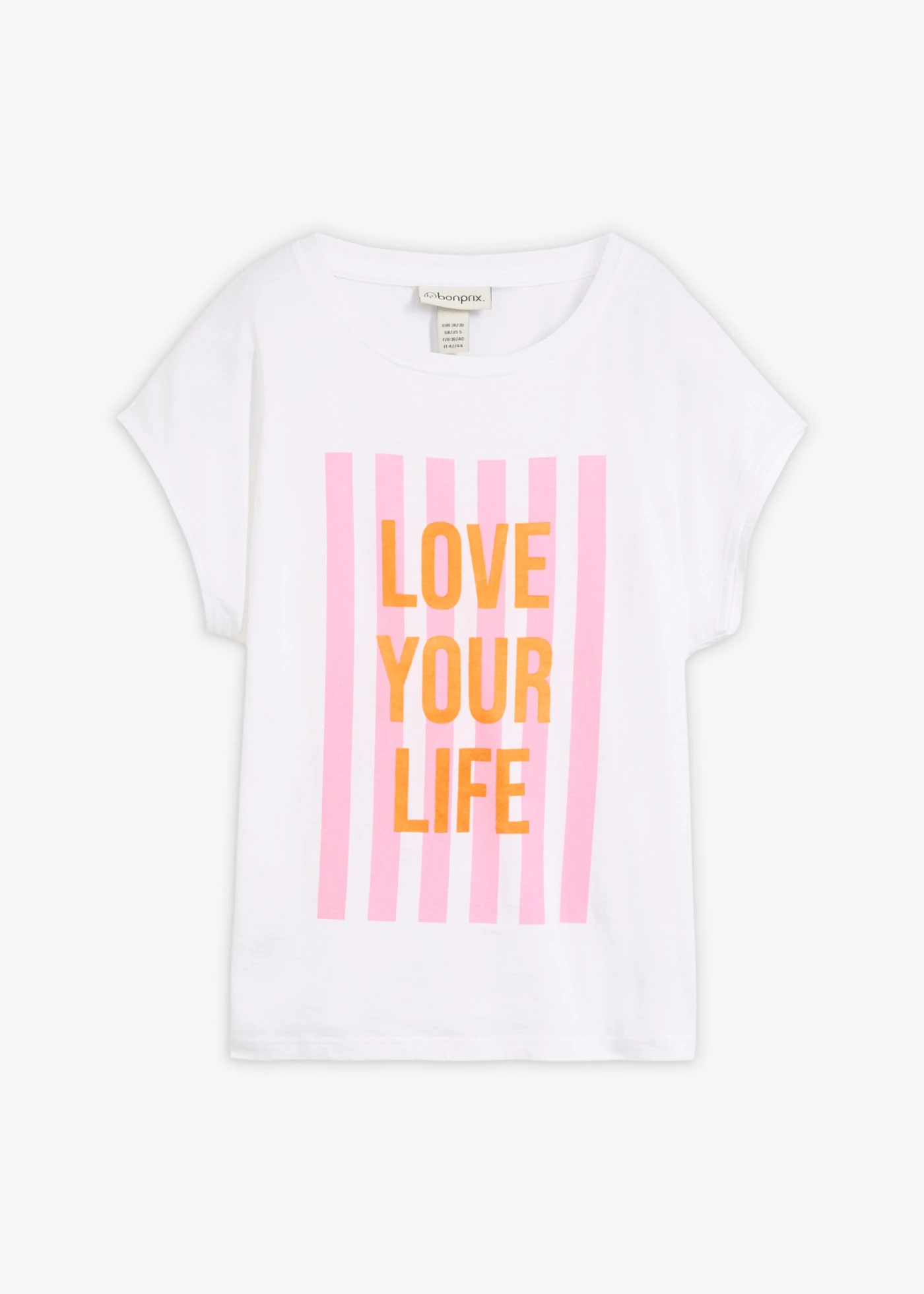 T-shirt z czystej bawełny organicznej • biały-jasnoróżowy-neonowy pomarańczowy z nadrukiem • sklep bonprix