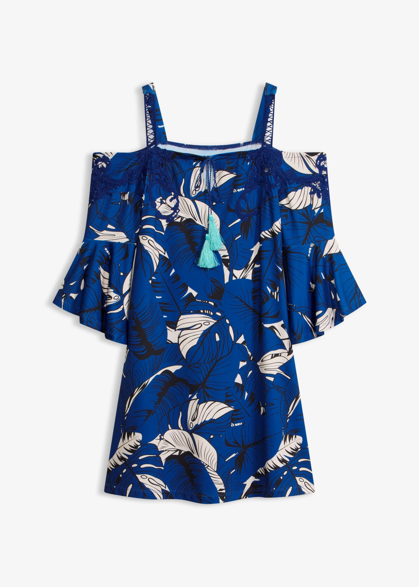 Rochie Carmen evazată • albastru cobalt-bej-prund cu imprimeu • magazin bonprix