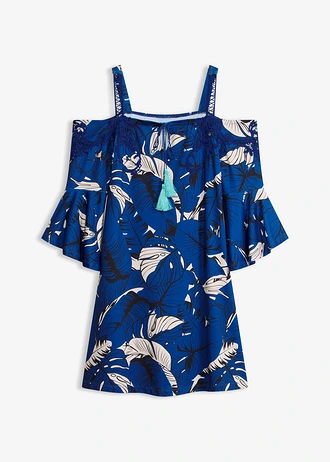 Robe évasée à encolure Bardot, Couleur: bleu cobalt-beige galet imprimé