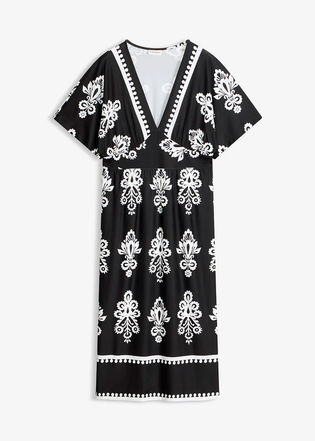 Rochie din jerse cu decolteu adânc • negru-alb cu imprimeu • magazin bonprix