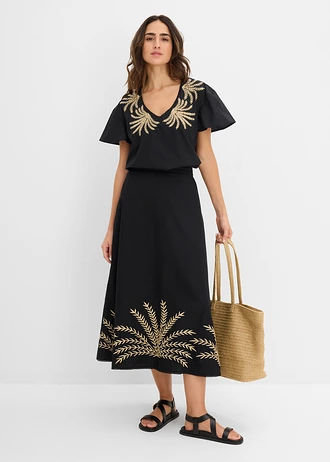 Fustă maxi cu broderie • negru-bej nisipiu mat • magazin bonprix