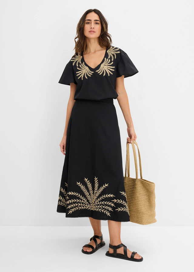 Jupe longue à broderies, Couleur: noir + sable clair