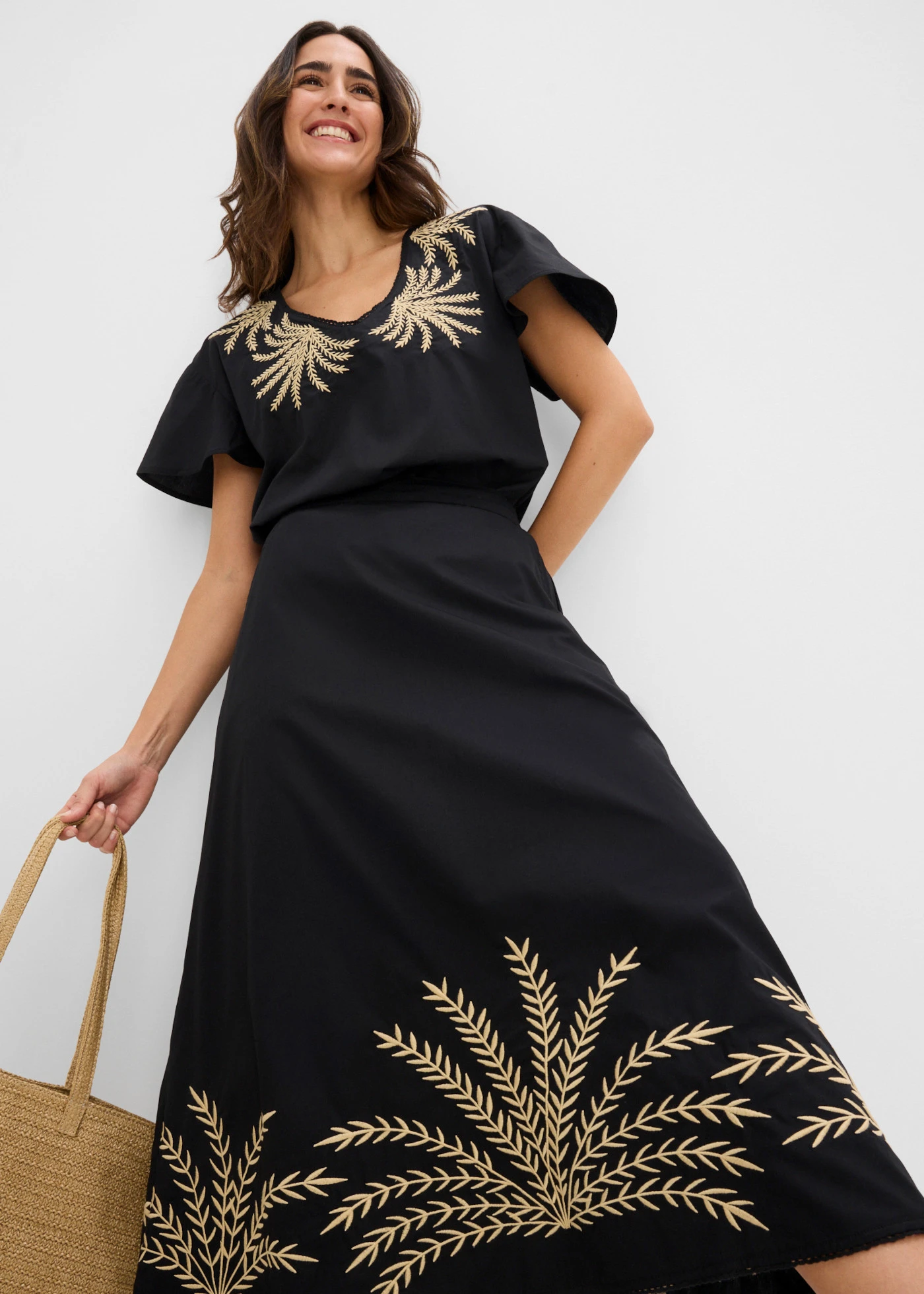 Fustă maxi cu broderie • negru-bej nisipiu mat • magazin bonprix