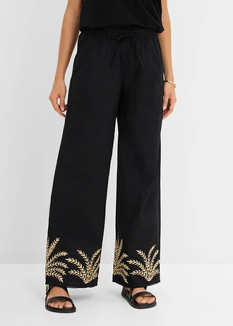 Pantalon palazzo à broderie • noir + sable clair • Boutique bonprix