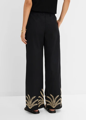 Pantalon palazzo à broderie • noir + sable clair • Boutique bonprix