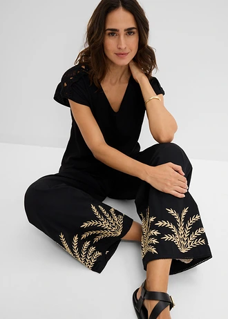 Palazzo broek met borduursel • zwart-lichtsand • bonprix online shop