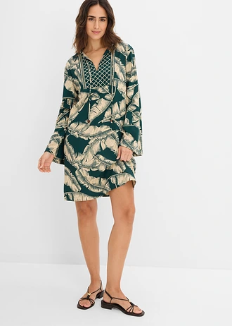 Tuniekjurk van een soepele viscosemix, Kleur: diepgroen-lichtsand met print