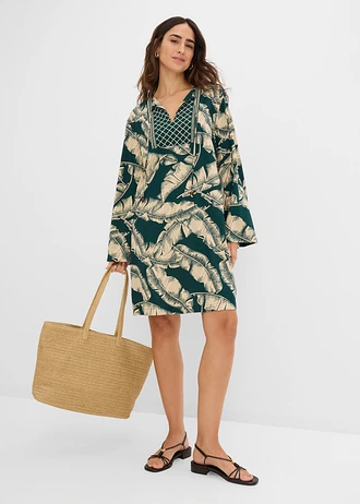 Rochie-tunică din material fluid cu viscoză, culoare: verde profund-bej nisipiu mat cu imprimeu