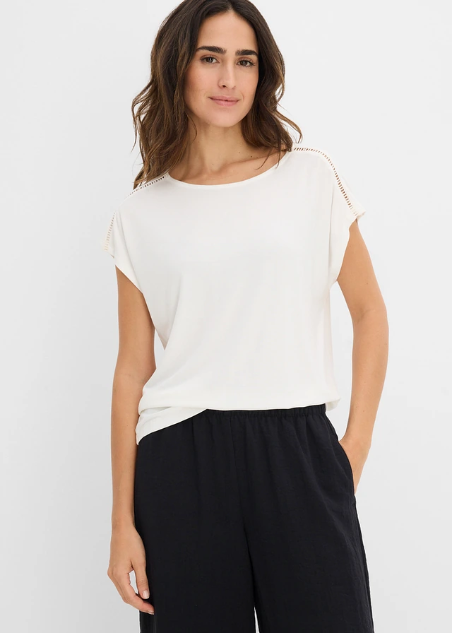 T-shirt met ladderkant, Kleur: wolwit