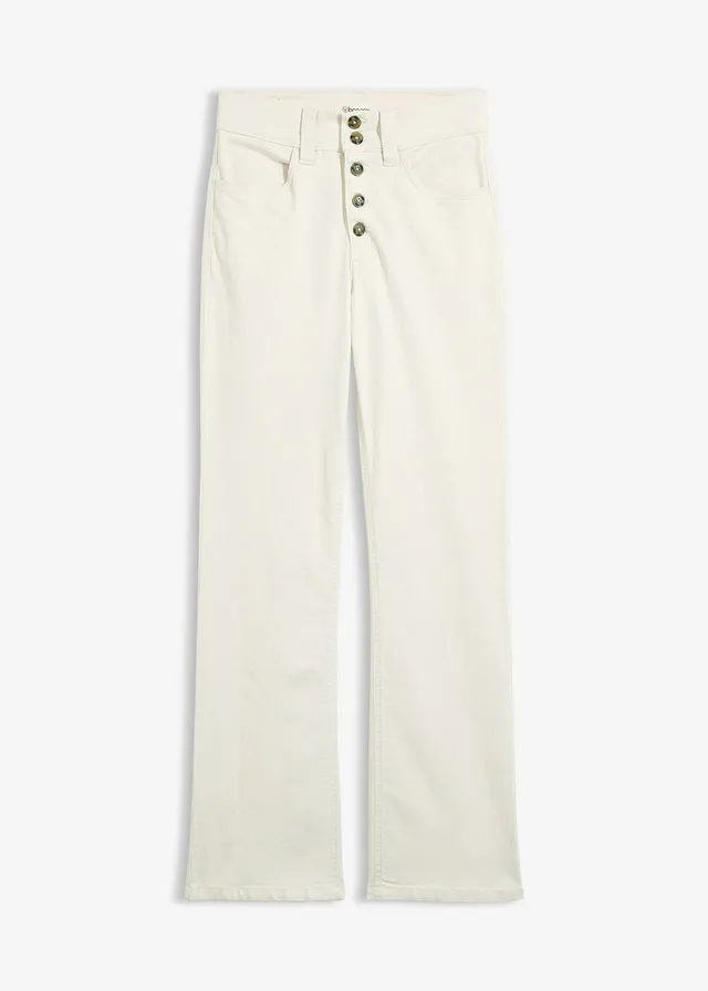 High waist stretch jeans, straight, Kleur: wolwit