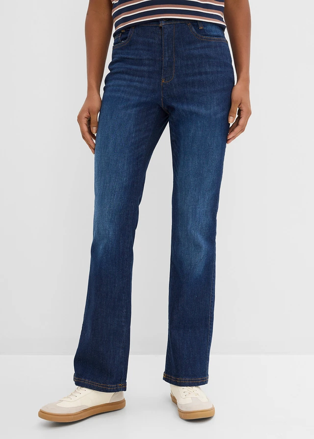 High-waist jeans met comfortband, bootcut, Kleur: donkerblauw denim