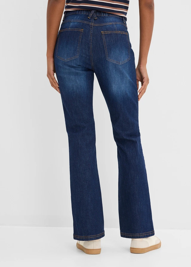 Jean Bootcut, taille haute et élastiquée, Couleur: bleu foncé denim