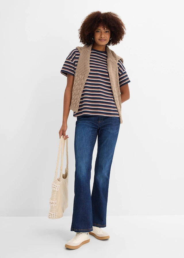 Jean Bootcut, taille haute et élastiquée, Couleur: bleu foncé denim