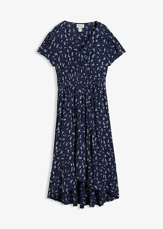 Rochie pentru gravide și alăptare 2-în-1 din viscoză fluidă, cu textură creponată, culoare: bleumarin-ecru floral