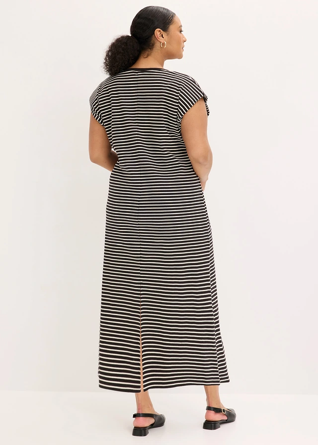 Gestreepte jersey jurk met verstelbare taille, Kleur: zwart-wolwit gestreept