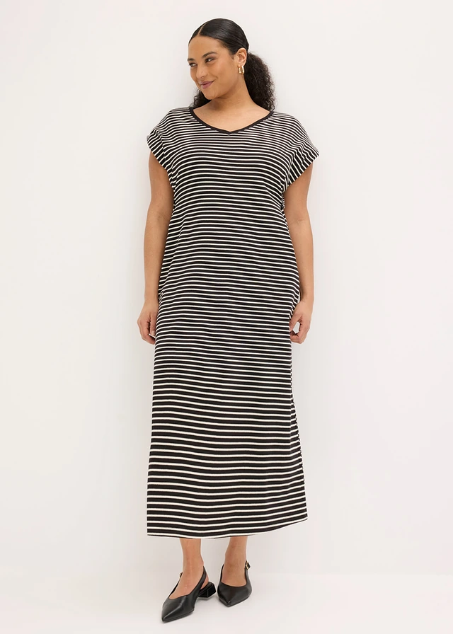 Gestreepte jersey jurk met verstelbare taille, Kleur: zwart-wolwit gestreept