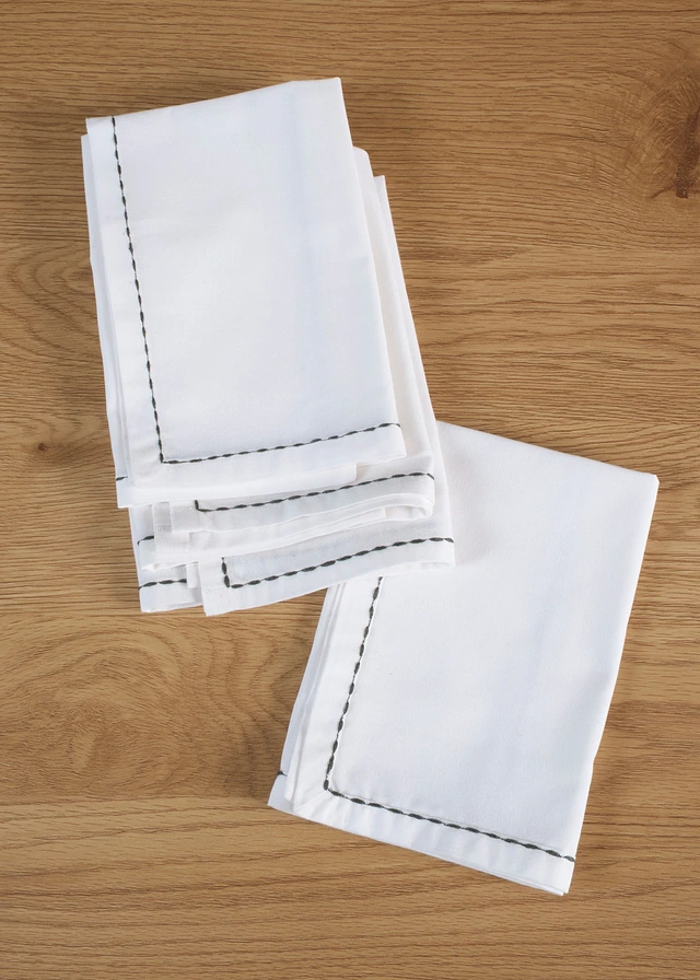 Servetten van biologisch katoen met borduursel (set van 4), Kleur: beige-olijfgroen