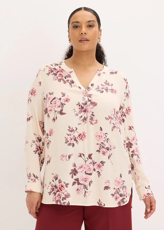 Blouse en viscose fluide, Couleur: gris galet/rose clair/rose clair