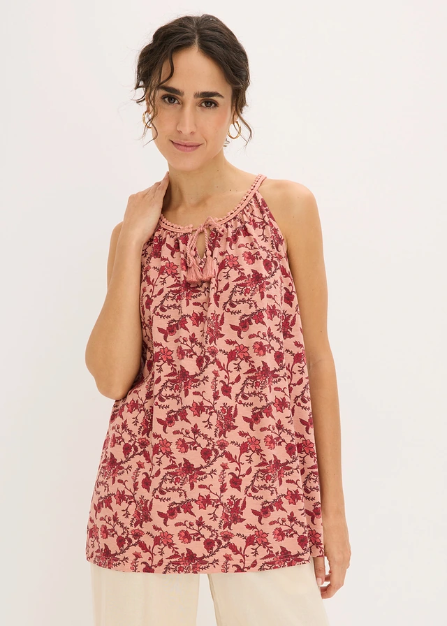 Spaghetti top van viscose, Kleur: poederbruin gebloemd