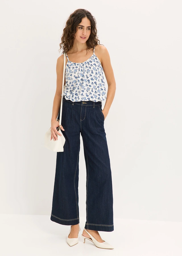 Spaghetti top van viscose, Kleur: blauw-wit gebloemd