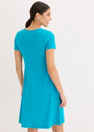 Rochie din jerse cu decolteu adânc, culoare: albastru-lagună