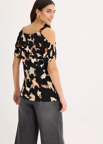 Cold shoulder shirt, Kleur: bruin-zwart luipaardprint
