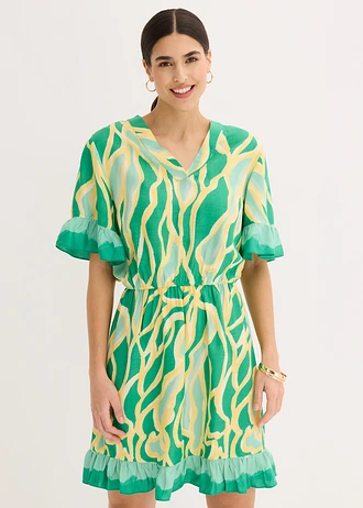 Robe en mousseline volantée, Couleur: menthe cristal-jaune clair imprimé