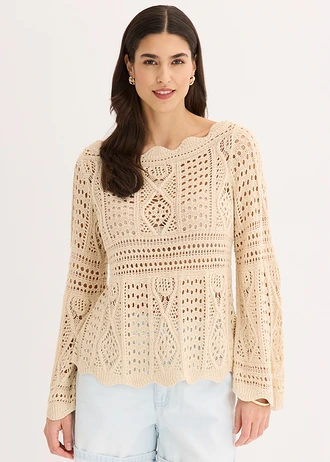 Gebreid shirt van kant, Kleur: lichtsand