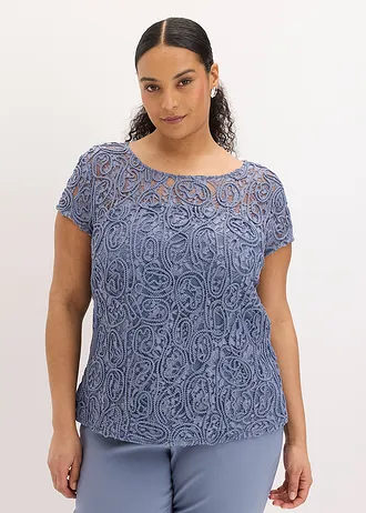 Blouse manches courtes en dentelle, Couleur: bleu fumé