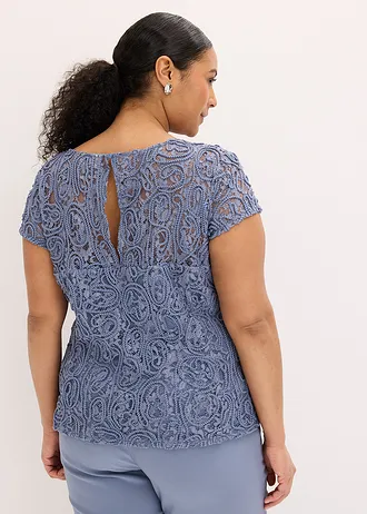 Blouse manches courtes en dentelle, Couleur: bleu fumé