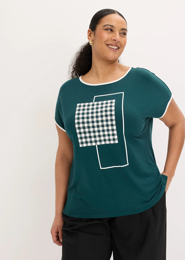 T-shirt à passepoil contrastant, Couleur: vert profond/écru graphique