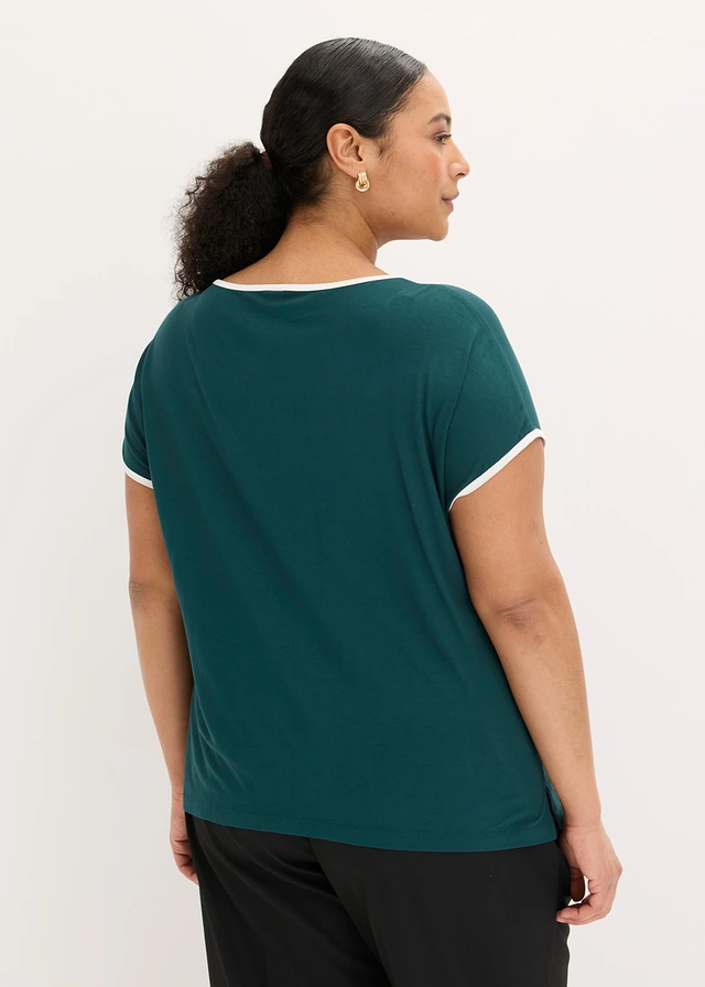 T-shirt à passepoil contrastant, Couleur: vert profond/écru graphique