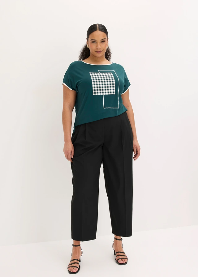 T-shirt à passepoil contrastant, Couleur: vert profond/écru graphique