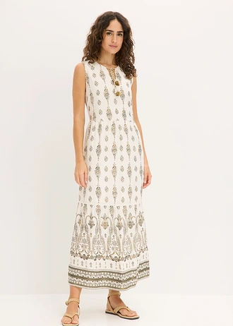 Rochie maxi din viscoză fluidă, culoare: alb perlat/verde natur cu imprimeu