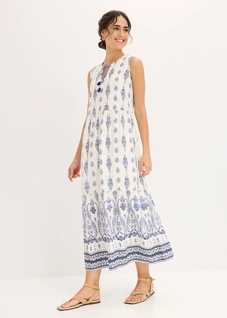 Maxi jurk van soepele viscose, Kleur: parelwit-donkerblauw met print