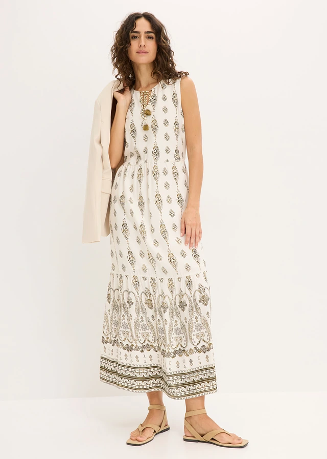 Maxi jurk van soepele viscose parelwit-natuurgroen met print