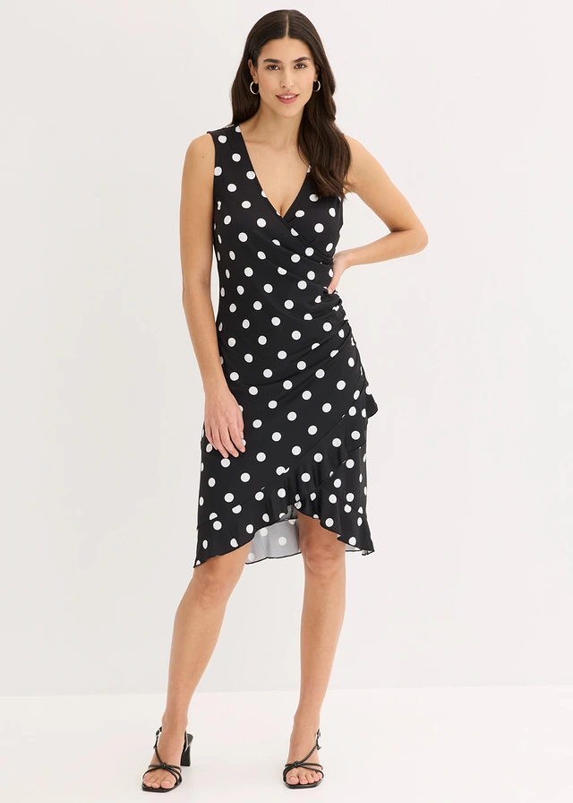 Robe en jersey à décolleté plongeant, Couleur: noir pois blanc