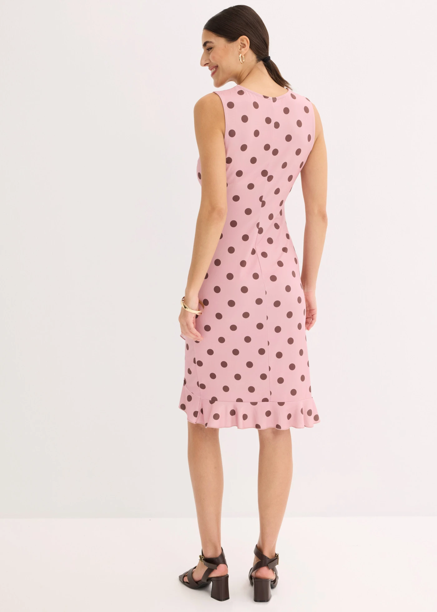 Rochie din jerse cu decolteu adânc • roz cenușiu/maro cu buline • magazin bonprix